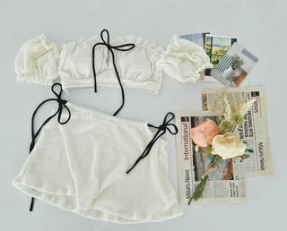 Off-shoulder two-way piece bikini with ribbon strap skirt delicate swimsuit