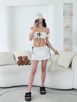 Off-shoulder two-way piece bikini with ribbon strap skirt delicate swimsuit