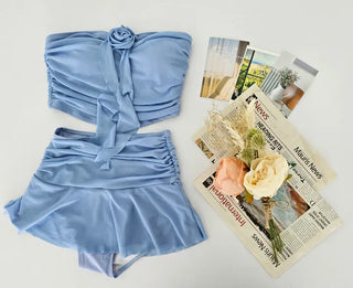 Corsage tube top see-through frill skirt piece frill shirring bikini set swimsuit