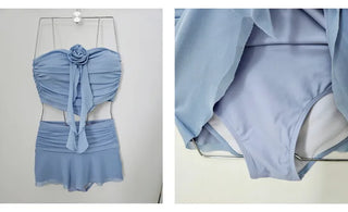 Corsage tube top see-through frill skirt piece frill shirring bikini set swimsuit