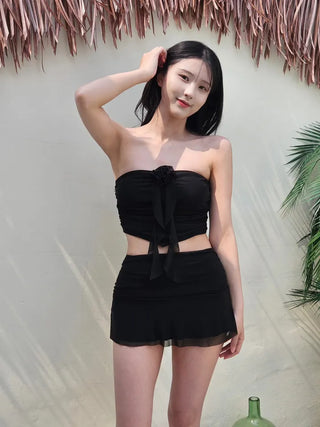 Corsage tube top see-through frill skirt piece frill shirring bikini set swimsuit