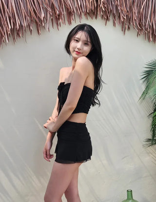 Corsage tube top see-through frill skirt piece frill shirring bikini set swimsuit