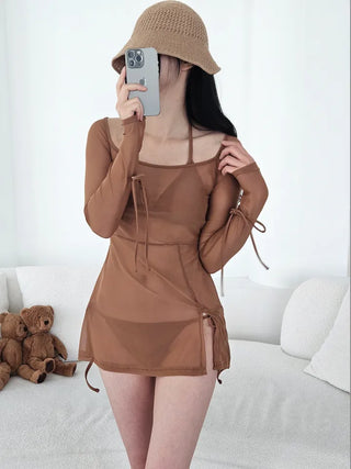 Delicate see-through cover-up piece set with ribbon brown halter neck sexy bikini swimsuit