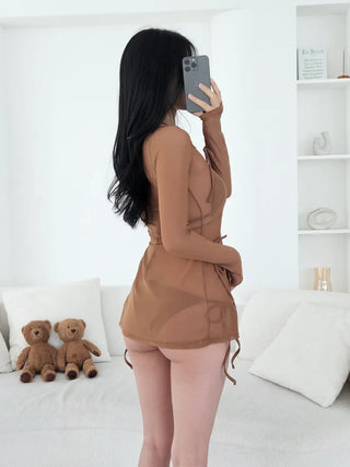 Delicate see-through cover-up piece set with ribbon brown halter neck sexy bikini swimsuit