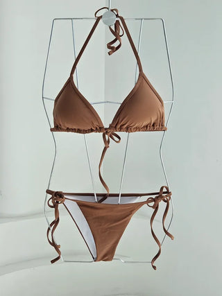 Delicate see-through cover-up piece set with ribbon brown halter neck sexy bikini swimsuit