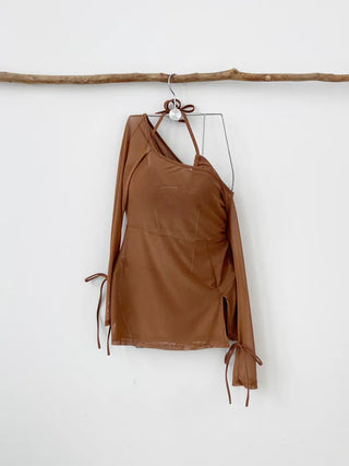 Delicate see-through cover-up piece set with ribbon brown halter neck sexy bikini swimsuit