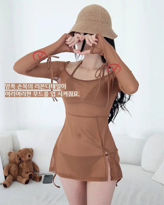 Delicate see-through cover-up piece set with ribbon brown halter neck sexy bikini swimsuit