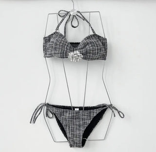 Tweed piece corsage black bikini halter neck wrap skirt set luxurious sexy swimsuit 3pcs