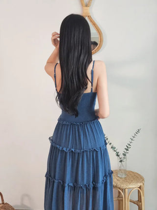 🍹Blue Cancan Resort Vacation Long One Piece Comfortable Spandex Nashi Sleeveless Frill Shirring Summer One Piece