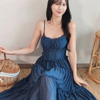 🍹Blue Cancan Resort Vacation Long One Piece Comfortable Spandex Nashi Sleeveless Frill Shirring Summer One Piece