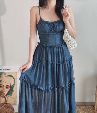 🍹Blue Cancan Resort Vacation Long One Piece Comfortable Spandex Nashi Sleeveless Frill Shirring Summer One Piece