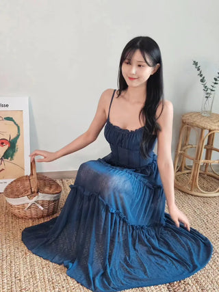 🍹Blue Cancan Resort Vacation Long One Piece Comfortable Spandex Nashi Sleeveless Frill Shirring Summer One Piece