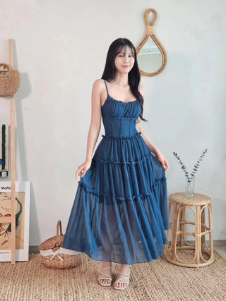 🍹Blue Cancan Resort Vacation Long One Piece Comfortable Spandex Nashi Sleeveless Frill Shirring Summer One Piece