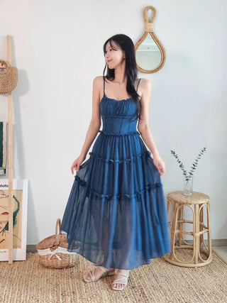 🍹Blue Cancan Resort Vacation Long One Piece Comfortable Spandex Nashi Sleeveless Frill Shirring Summer One Piece