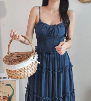 🍹Blue Cancan Resort Vacation Long One Piece Comfortable Spandex Nashi Sleeveless Frill Shirring Summer One Piece