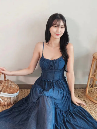 🍹Blue Cancan Resort Vacation Long One Piece Comfortable Spandex Nashi Sleeveless Frill Shirring Summer One Piece