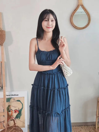 🍹Blue Cancan Resort Vacation Long One Piece Comfortable Spandex Nashi Sleeveless Frill Shirring Summer One Piece