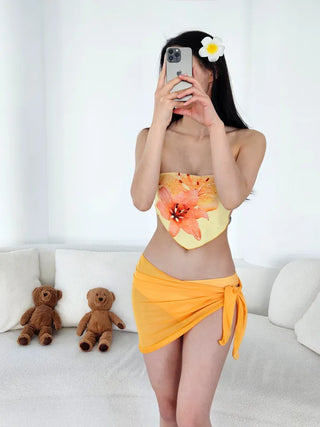 *High Quality*🌸Bandana Flower Tube Top Tank Top Sexy Bikini Resort Yellow Bikini Three-Piece 3pcs Swimsuit