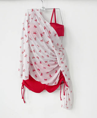 Red Ribbon Off-Shoulder Bikini Pants with Shirring Cover-Up Included Halter Neck Piece Swimsuit with No Top Exposed