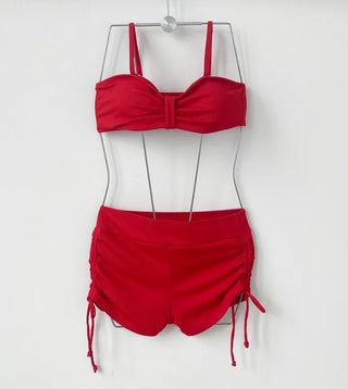 Red Ribbon Off-Shoulder Bikini Pants with Shirring Cover-Up Included Halter Neck Piece Swimsuit with No Top Exposed
