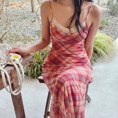 Check spandex nasi long one-piece tight A-line resort look vacation look summer long one-piece