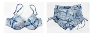 Denim printed piece wire bikini pants with cover-up belly cover and body shape cover shirring swimsuit