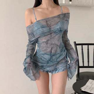 Denim printed piece wire bikini pants with cover-up belly cover and body shape cover shirring swimsuit
