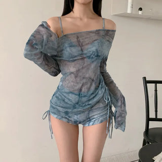 Denim printed piece wire bikini pants with cover-up belly cover and body shape cover shirring swimsuit
