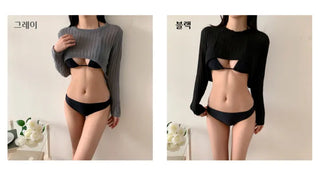 Black and Gray Crop Sexy Bikini Piece Set with Cover-Up Knit Mesh Swimsuit