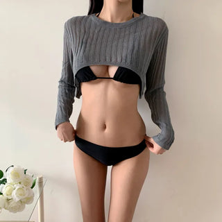 Black and Gray Crop Sexy Bikini Piece Set with Cover-Up Knit Mesh Swimsuit