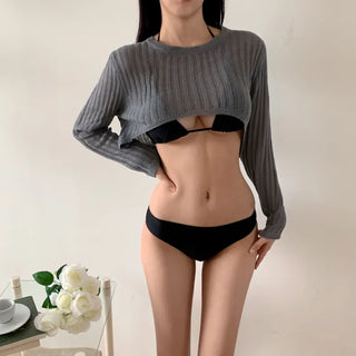 Black and Gray Crop Sexy Bikini Piece Set with Cover-Up Knit Mesh Swimsuit