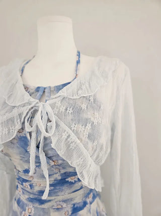 One-piece swimsuit set with cardigan frilled blue flower underwear and non-exposure swimsuit