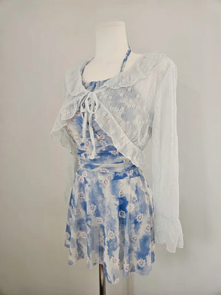 One-piece swimsuit set with cardigan frilled blue flower underwear and non-exposure swimsuit