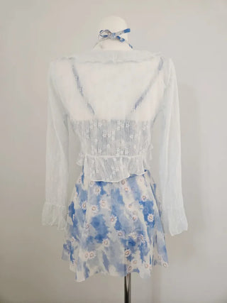 One-piece swimsuit set with cardigan frilled blue flower underwear and non-exposure swimsuit