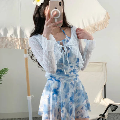One-piece swimsuit set with cardigan frilled blue flower underwear and non-exposure swimsuit