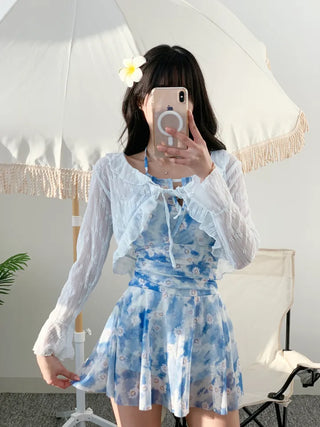 One-piece swimsuit set with cardigan frilled blue flower underwear and non-exposure swimsuit