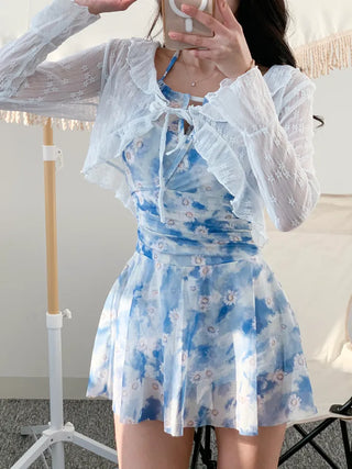 One-piece swimsuit set with cardigan frilled blue flower underwear and non-exposure swimsuit