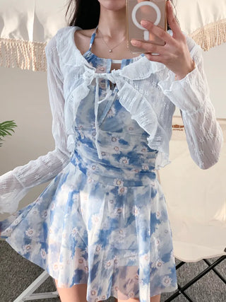 One-piece swimsuit set with cardigan frilled blue flower underwear and non-exposure swimsuit