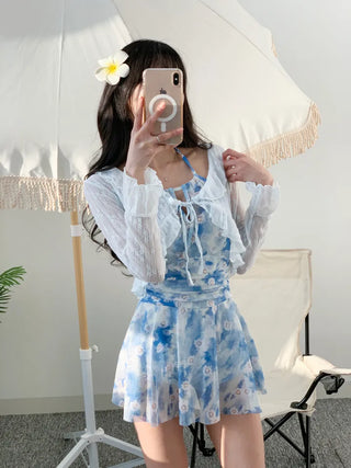 One-piece swimsuit set with cardigan frilled blue flower underwear and non-exposure swimsuit