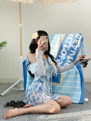 One-piece swimsuit set with cardigan frilled blue flower underwear and non-exposure swimsuit