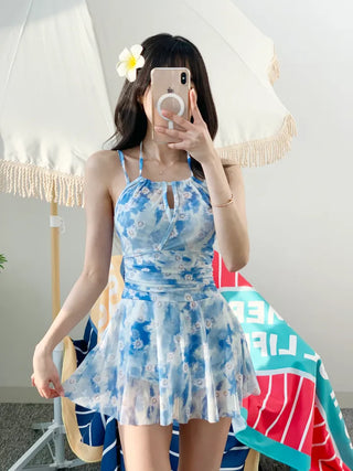 One-piece swimsuit set with cardigan frilled blue flower underwear and non-exposure swimsuit