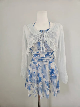One-piece swimsuit set with cardigan frilled blue flower underwear and non-exposure swimsuit