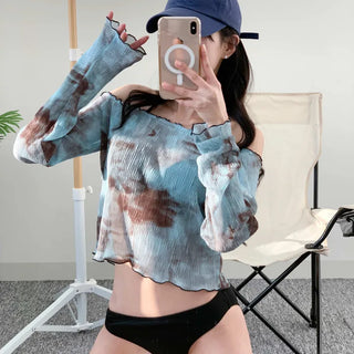 Off-shoulder bikini cover-up set with wire halter neck and see-through T-shirt water park three-piece set