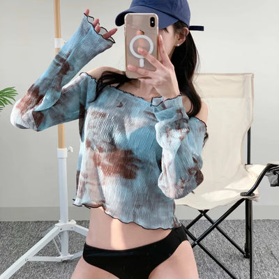 Off-shoulder bikini cover-up set with wire halter neck and see-through T-shirt water park three-piece set