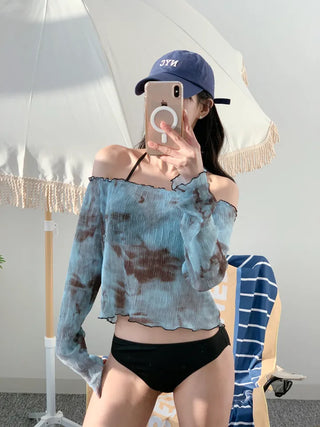 Off-shoulder bikini cover-up set with wire halter neck and see-through T-shirt water park three-piece set