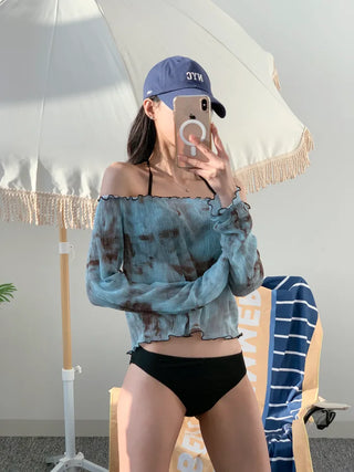 Off-shoulder bikini cover-up set with wire halter neck and see-through T-shirt water park three-piece set