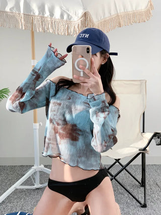 Off-shoulder bikini cover-up set with wire halter neck and see-through T-shirt water park three-piece set