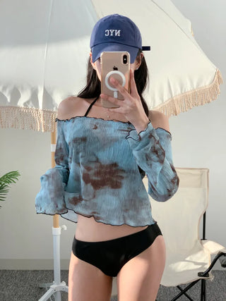 Off-shoulder bikini cover-up set with wire halter neck and see-through T-shirt water park three-piece set
