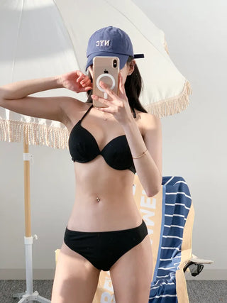Off-shoulder bikini cover-up set with wire halter neck and see-through T-shirt water park three-piece set