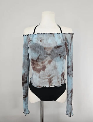 Off-shoulder bikini cover-up set with wire halter neck and see-through T-shirt water park three-piece set